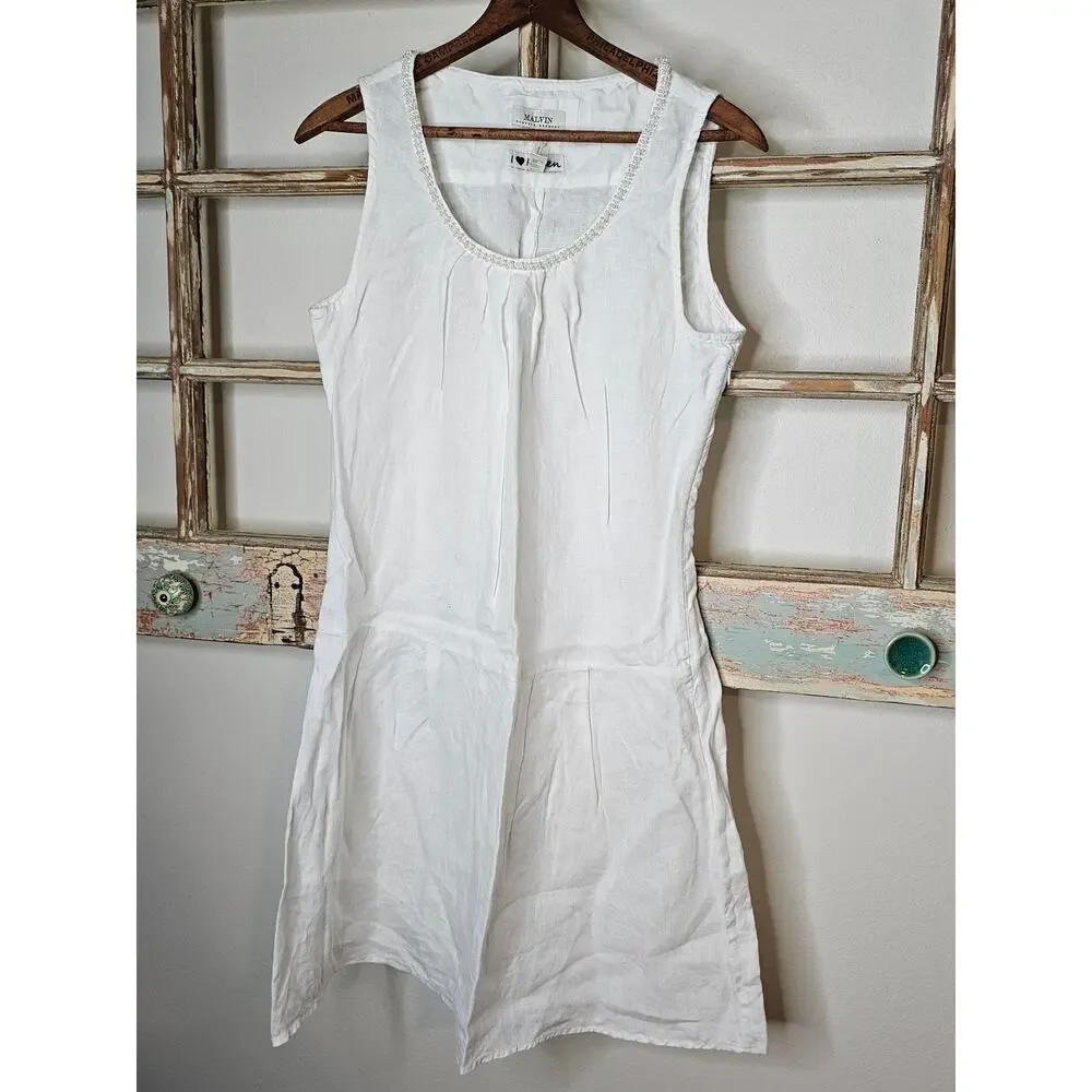 Linen Dress White Drop Waist Pearl Accents by Malvin Germany Ladies size Small - Picture 1 of 11